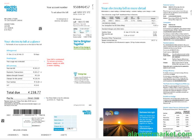 Ireland Electric Ireland utility bill template in Word and PDF format, version 2, 2 pages